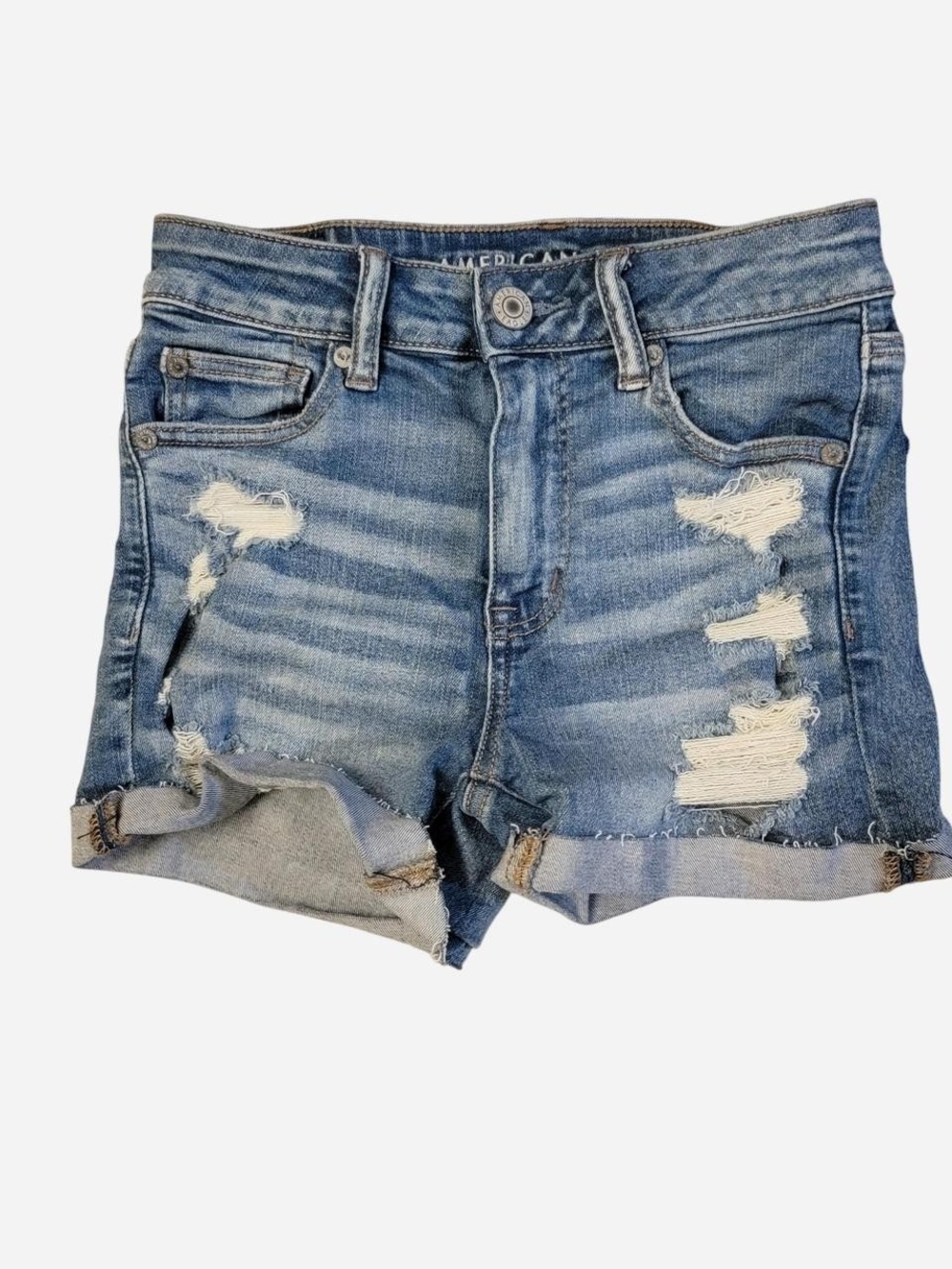 American Eagle Outfitters Medium Blue Distressed Rolled-Hem Denim Shorts